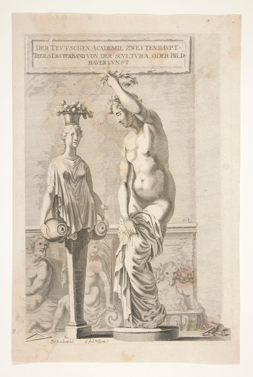 A Statue and Female Herm Carrying Vases and Fruit by Joachim von Sandrart
