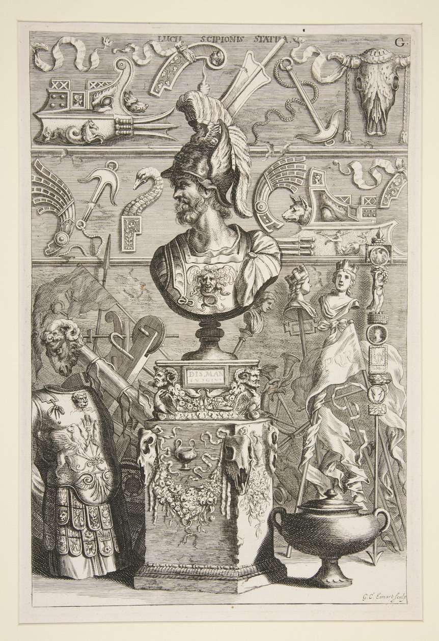 A Statue of Lucius Sciopione, Armour and Other Antique Banners and Fragments by Joachim von Sandrart