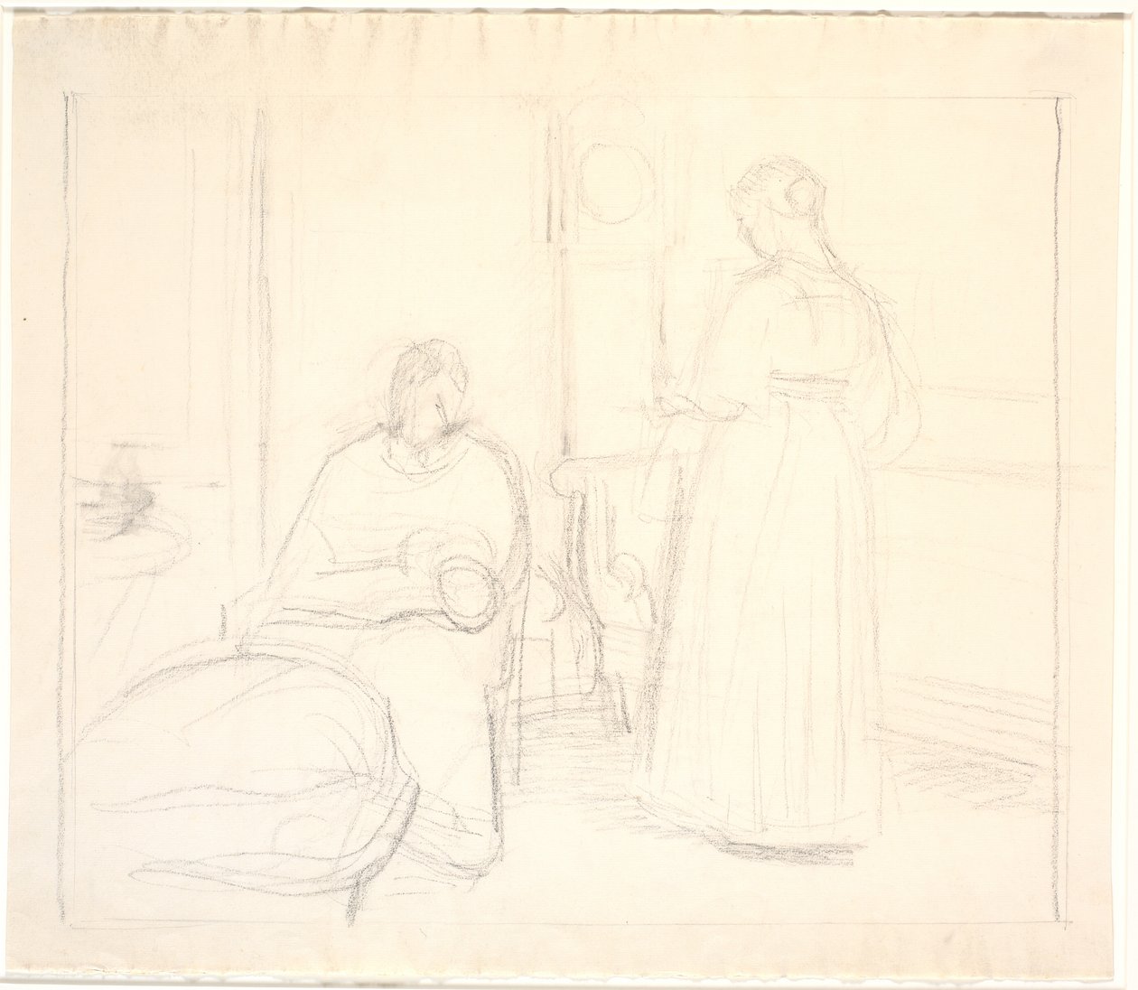 Interior with Clock and Sitting and Standing Woman by Joakim Frederik Skovgaard