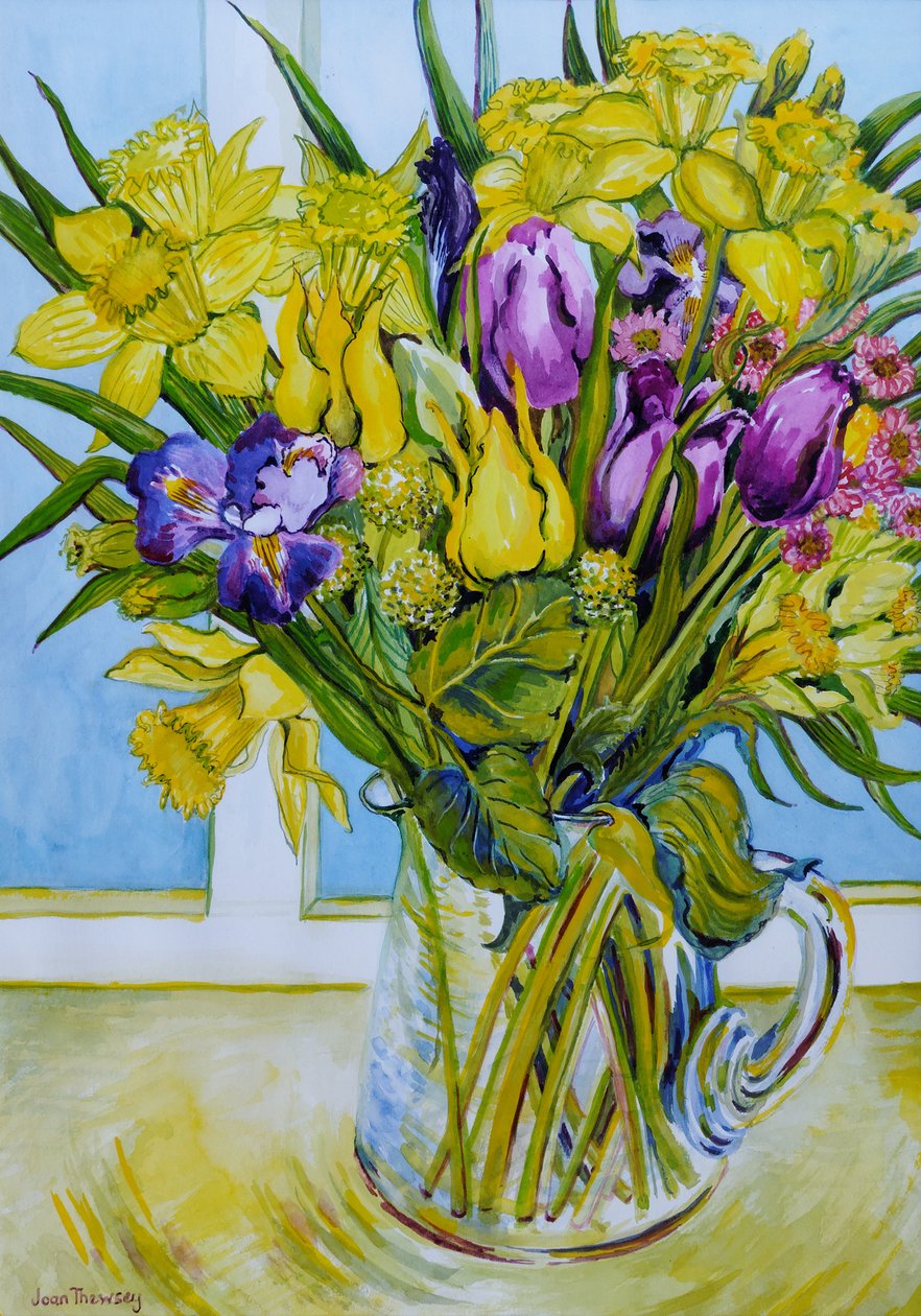 Daffodils and tulips in a glass jug by a window by Joan Thewsey