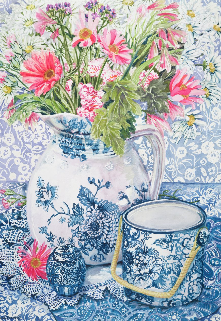 Gerberas in a Coalport Jug with Blue Pots by Joan Thewsey