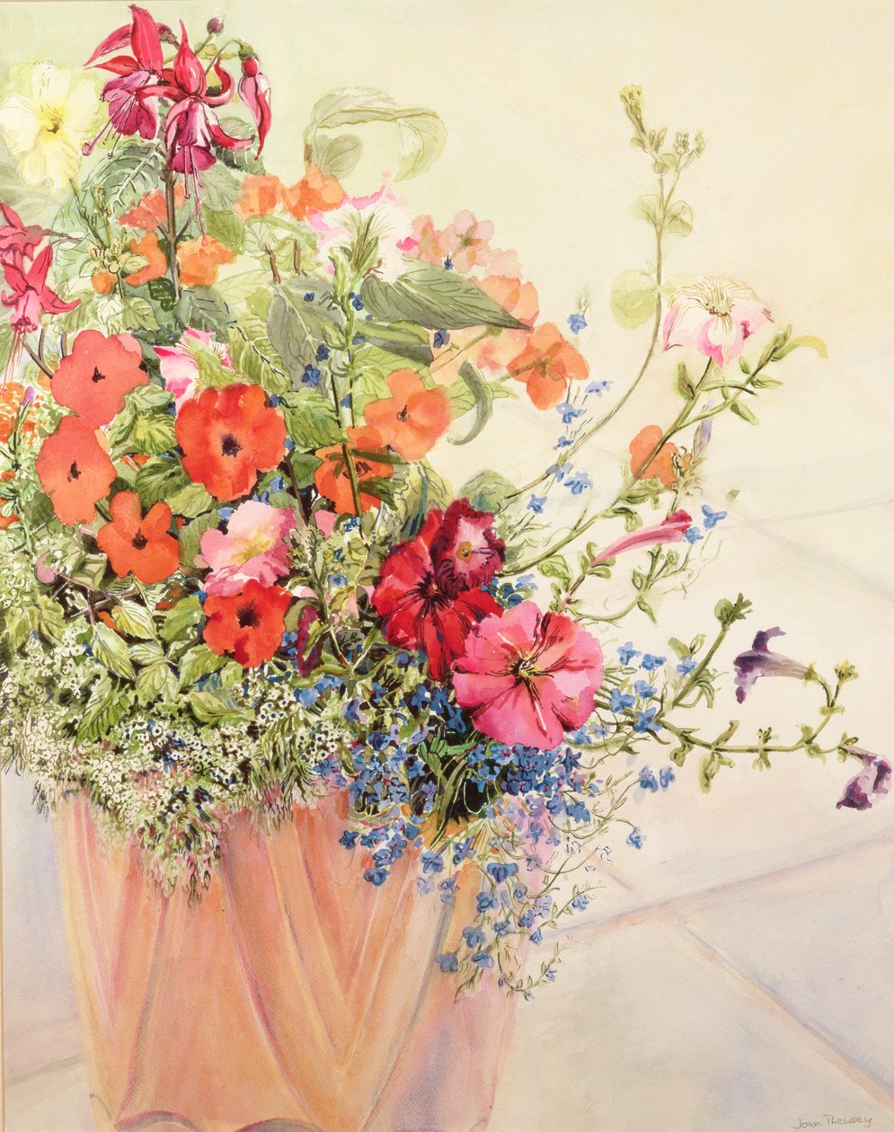 Petunias, Lobelias, Busy Lizzies and Fuschia in a Terracotta Pot by Joan Thewsey