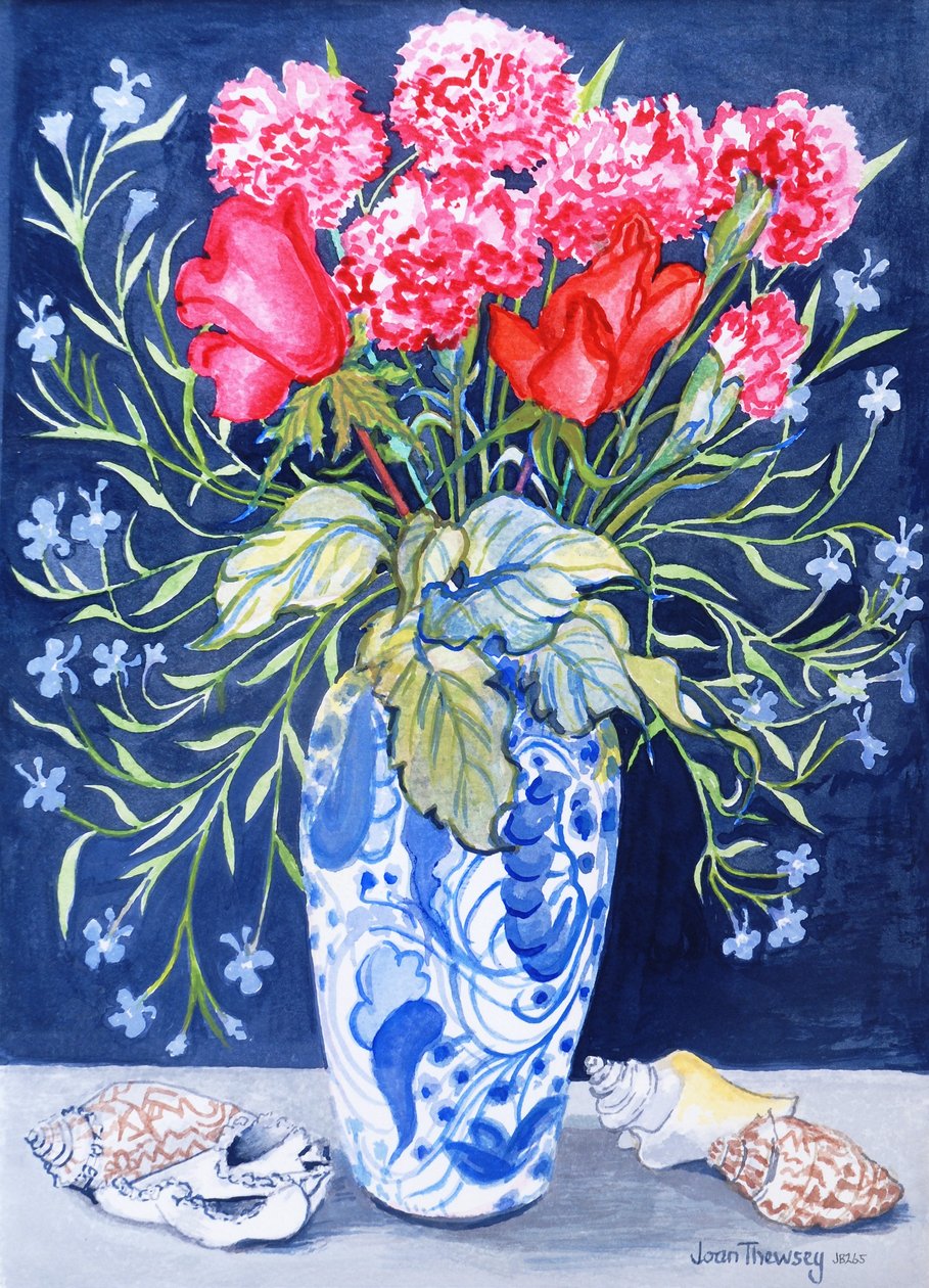 Roses, Carnations and Lobelia in a Blue and White Vase, 3 Shells Textiles 2011 by Joan Thewsey
