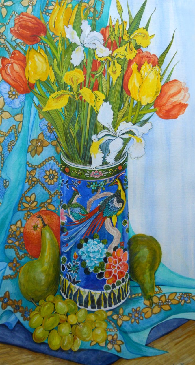 Tulips and Iris in a Japanese Vase, with fruit and textiles by Joan Thewsey