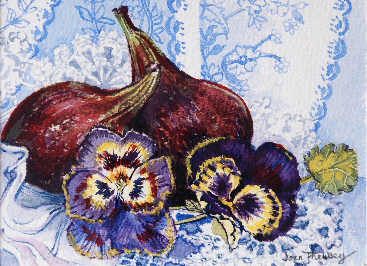 Two Figs with Pansies, 2002 by Joan Thewsey