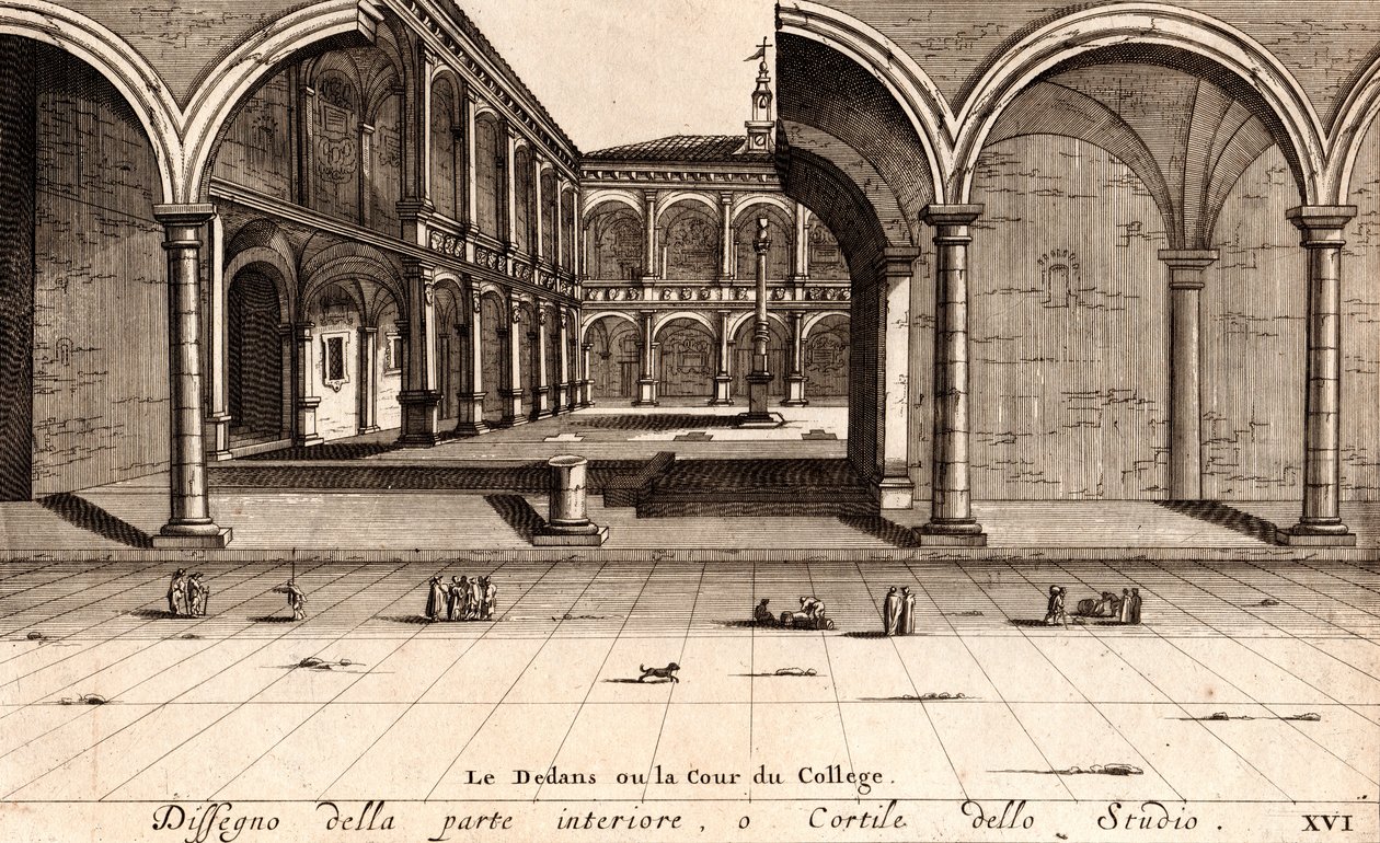 The Inner Courtyard of the Archiginnasio Palace, Bologna, Emilia-Romagna, Italy, Copper Engraving by Joan Blaeu