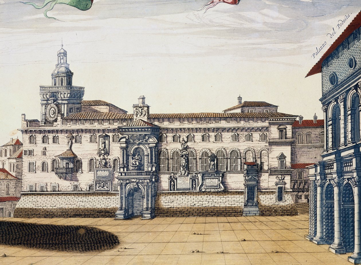 View of old square in Bologna, engraving by Giacomo Lauro and Joan Blaeu from Theatrum civitatum et admirandorum Italiae, published in Amsterdam in 1663 by Joan Blaeu