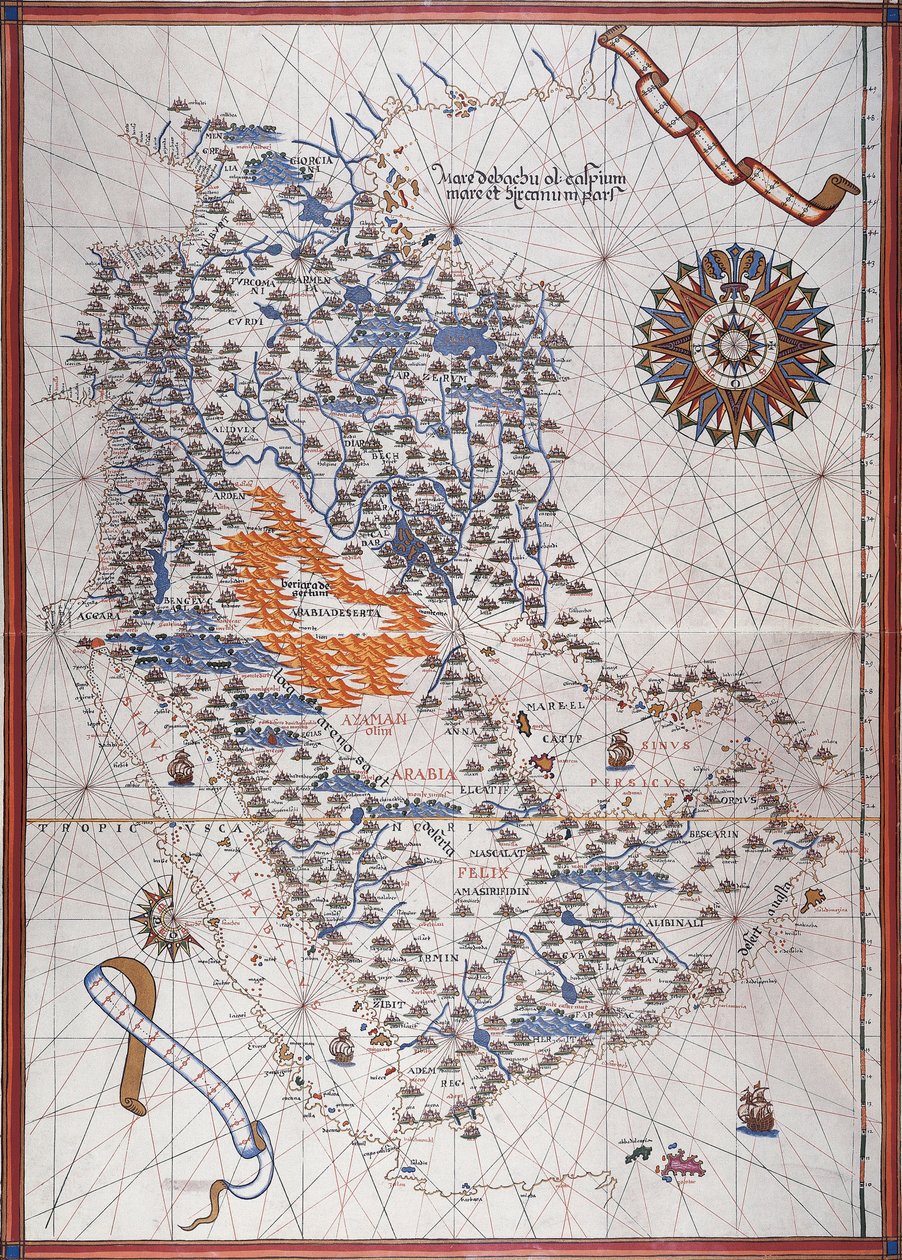 Map of the Arabian Peninsula, with wind rose and details of ports and sea coasts, in Atlas de Joan Martines by Joan Martines