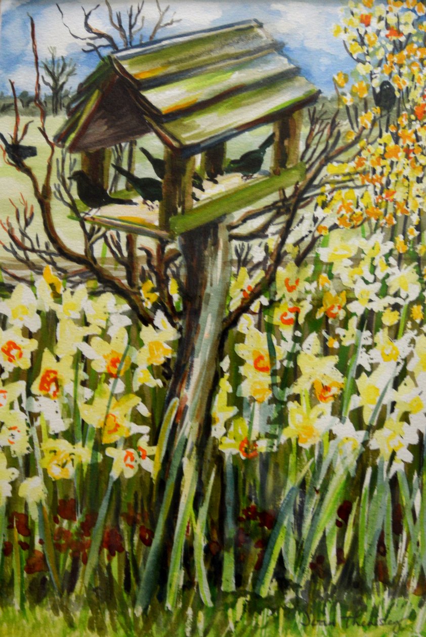 Daffodils and Birds in the Birdhouse by Joan Thewsey