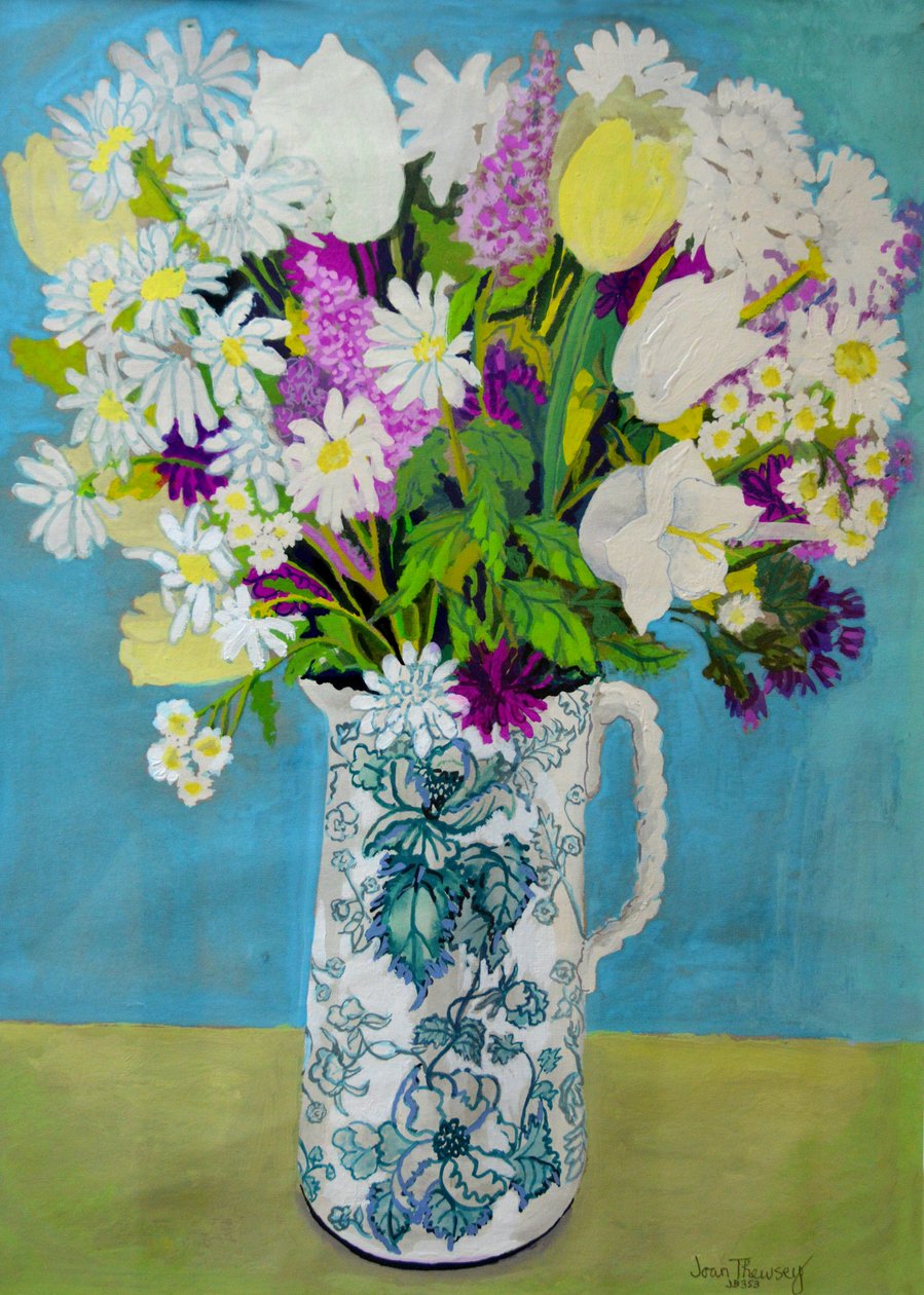 Flowers in a Jug, turquoise decoration, 2011 by Joan Thewsey