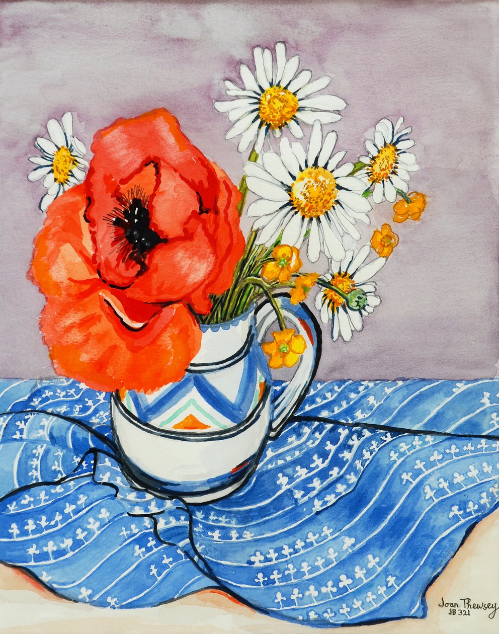 Red Oriental Poppy and Marguerites in a Honiton Jug, 2005 by Joan Thewsey