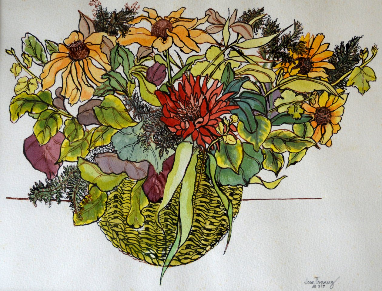 Rudbeckia with foliage in a basket, 2011 by Joan Thewsey