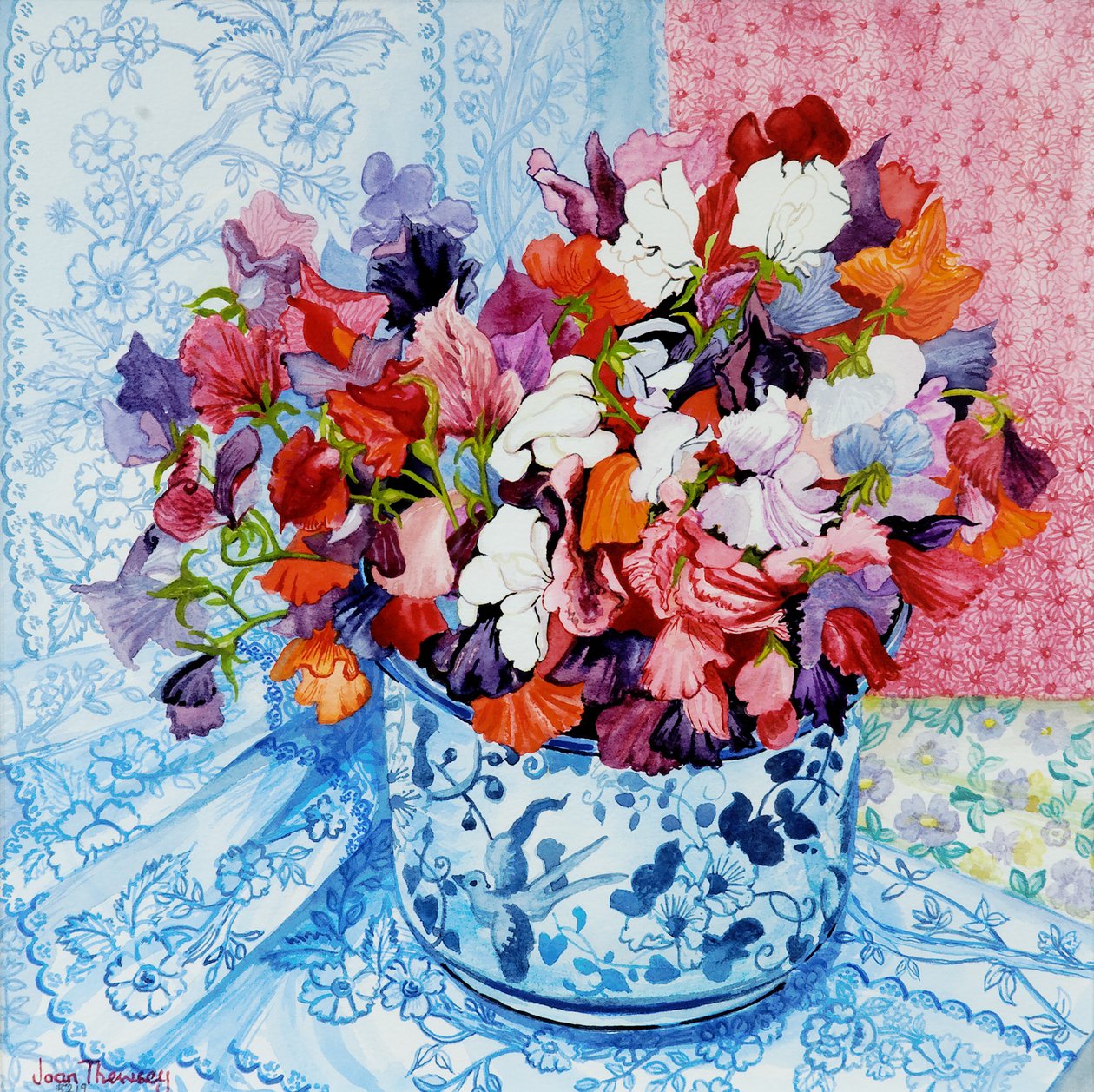 Sweet Peas in a Blue and White Pot by Joan Thewsey