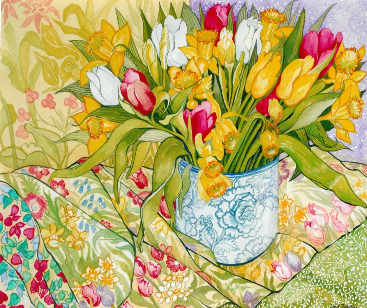 Tulips and Daffodils with Patterned Textiles, 2000 by Joan Thewsey