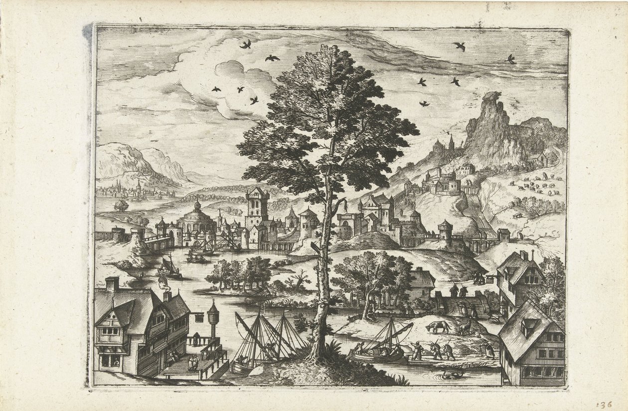 Landscape with Town by a River Landscapes, Seascapes, and Imaginative Cityscapes (series title) by Joannes van Doetechum (I) (attributed to)