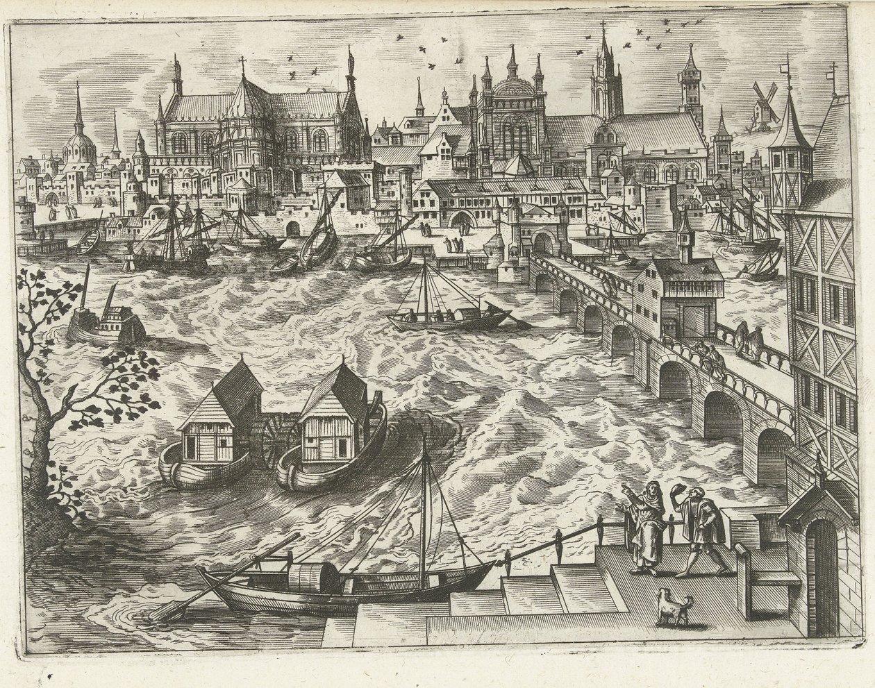 Cityscape with Bridge and Harbor by Joannes van Doetechum (I) (attributed to)