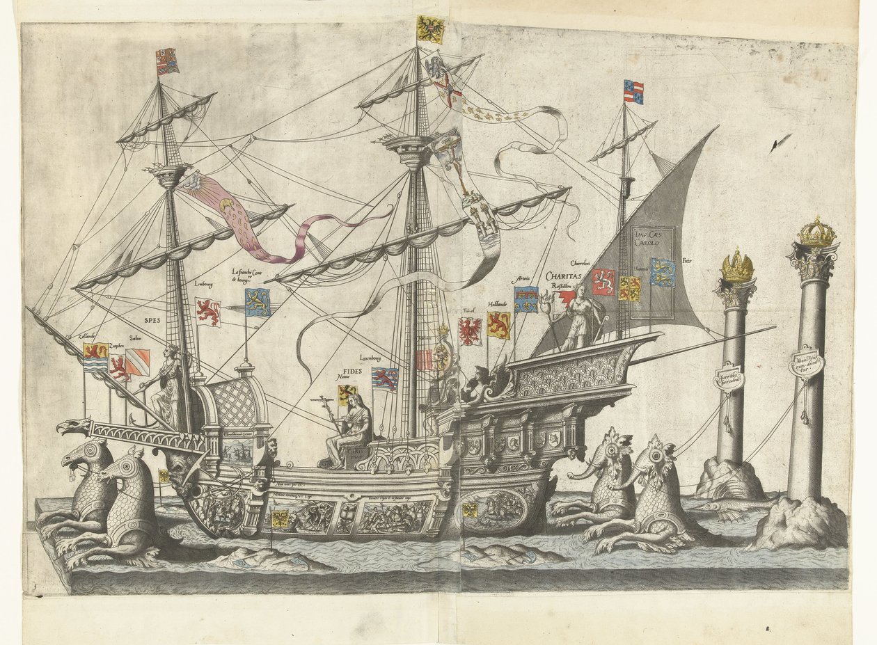 The Ship Victoria, No. 5 (series title: Funeral Procession of Emperor Charles V, 1558) by Joannes van Doetechum (I)