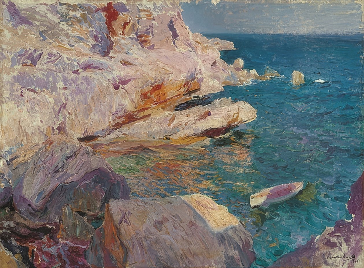 Rocks of Jávea with White Boat. 1905 by Joaquín Sorolla