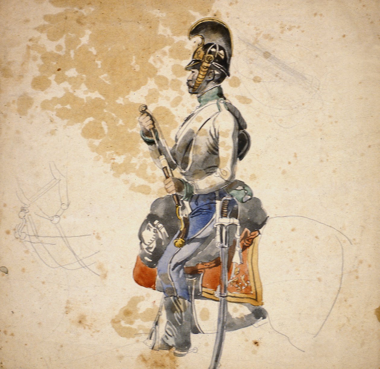 A Trooper of the 5th Dragoon Regiment shown recharging his Horse Pistol, 1840-1850 by Johan Baptiste Heinefetter