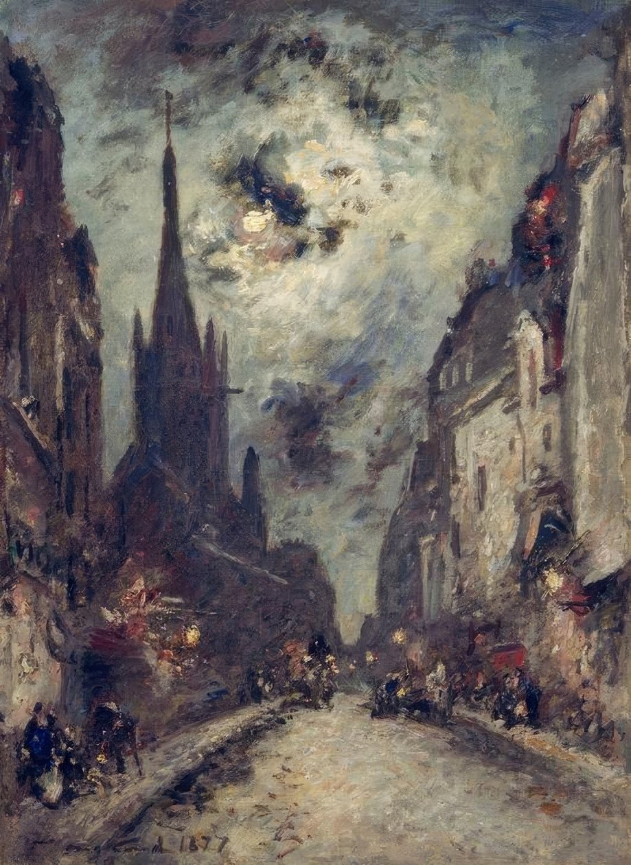 Rue St. Jacques with St. Séverin Church by Moonlight by Johan Barthold Jongkind