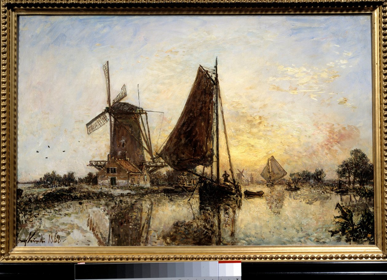 Dutch Landscape, Boats Near the Mill by Johan Barthold Jongkind