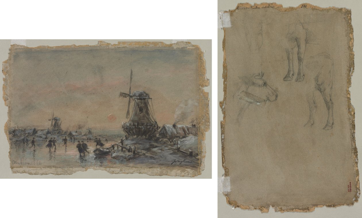 View of Arnheim (recto) Studies of a Bull (verso) by Johan Barthold Jongkind