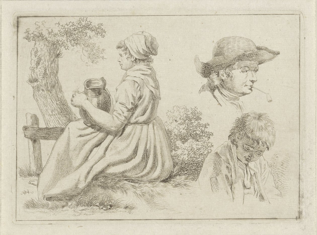 Seated Woman with Pitcher, Portrait of a Man with Pipe and a Boy by Johan Christiaan Willem Safft