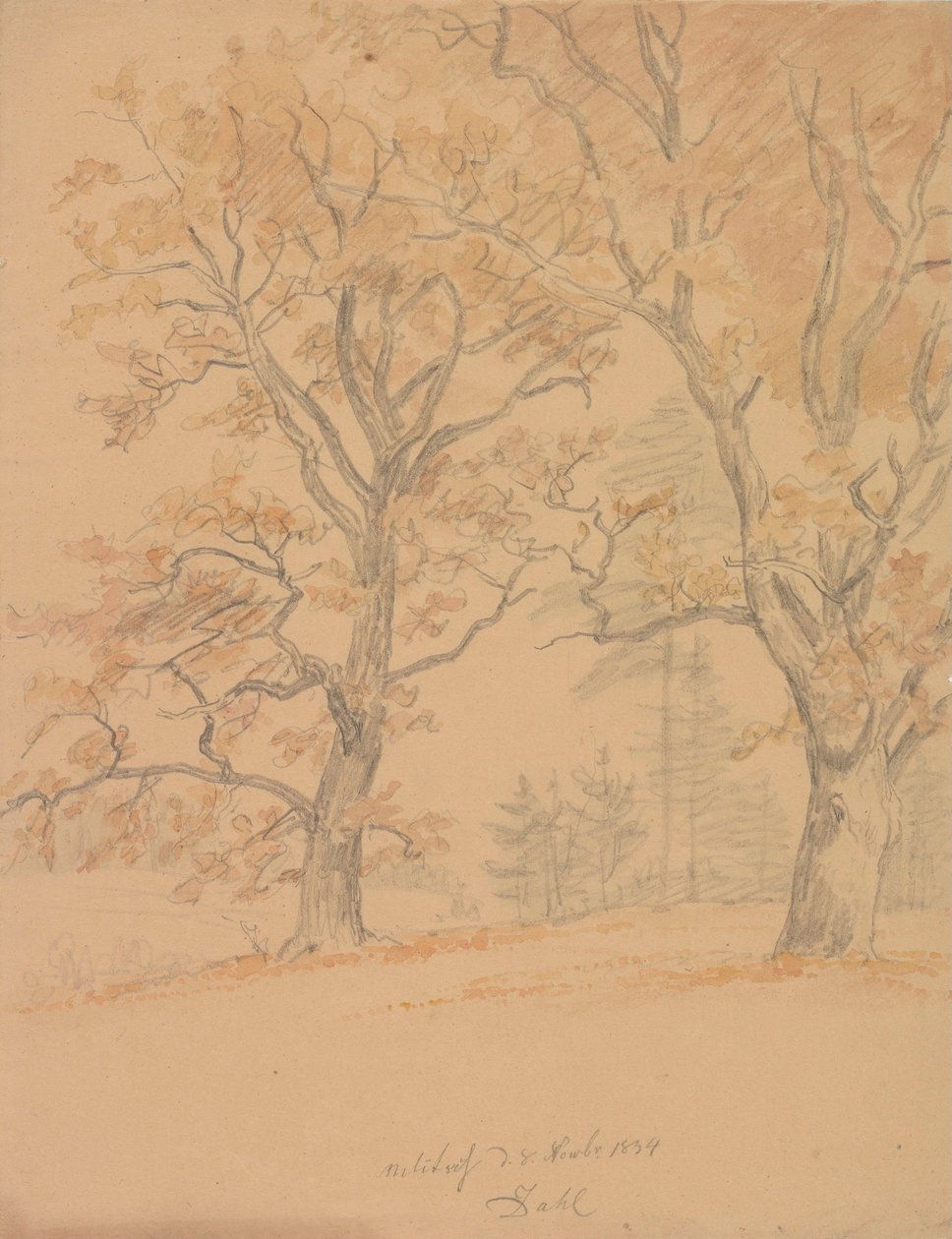 Two Oak Trees with Autumn Leaves by Johan Christian Dahl