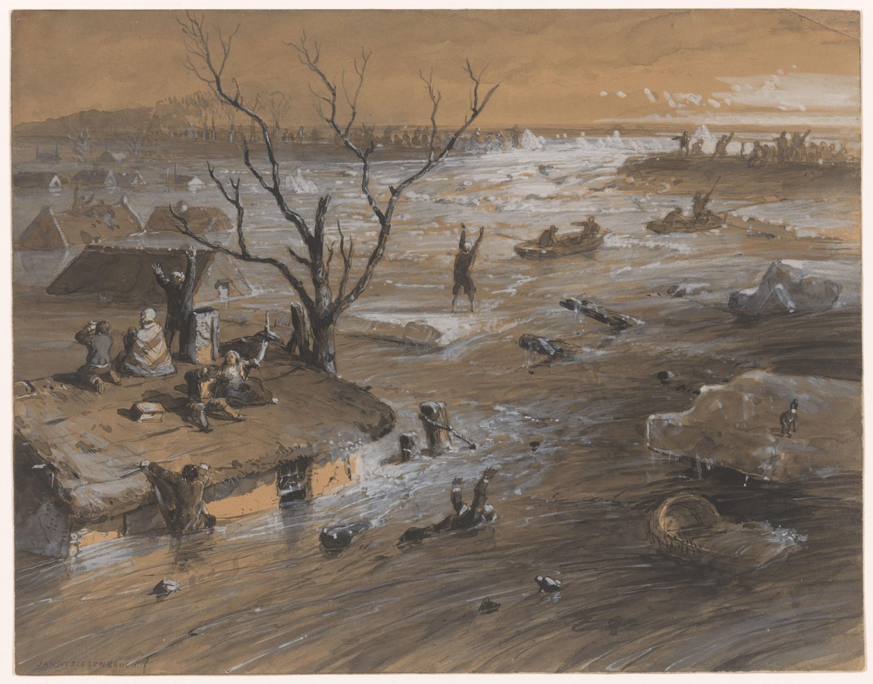 Dike Breach at Brakel, January 4, 1861 by Johan Hendrik Weissenbruch (signed by artist)