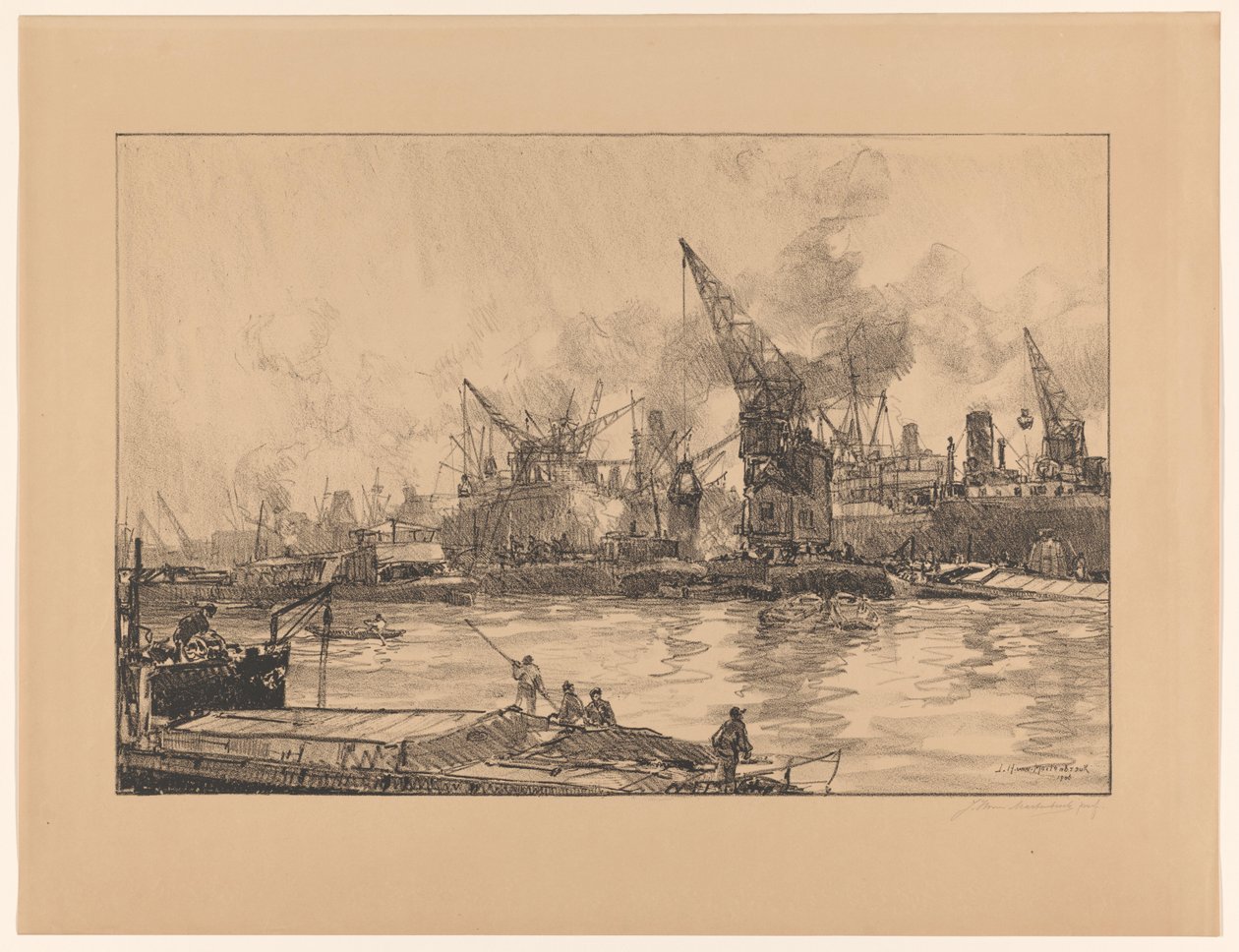 View of the Port of Rotterdam with Various Cranes by Johan Hendrik van Mastenbroek (signed by artist)