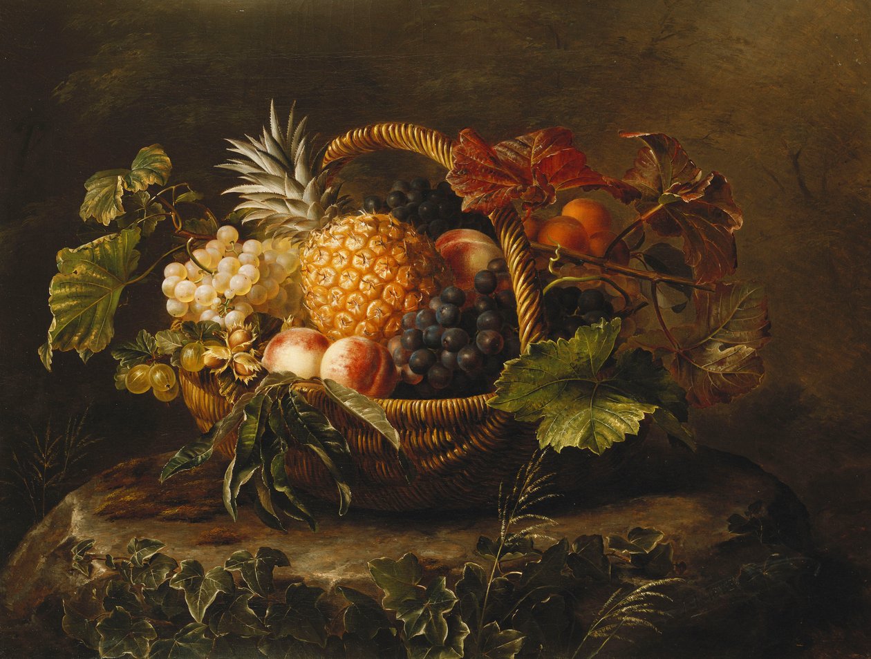 A Pineapple, Grapes, Peaches and Apricots in a Basket by Johan Laurents Jensen