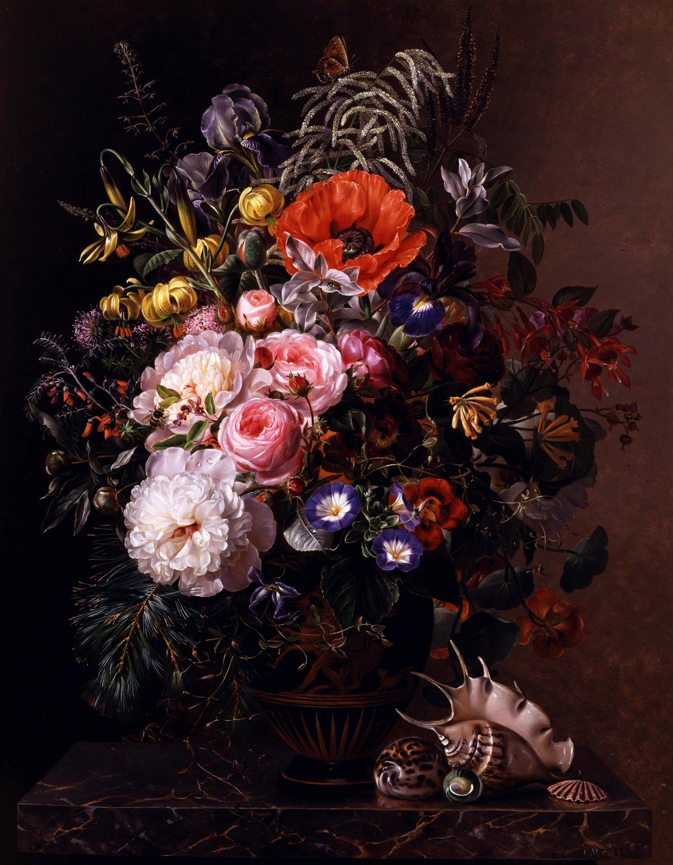 Poppies, Peonies, Roses and Nasturtiums in a Greek Vase by Johan Laurents Jensen