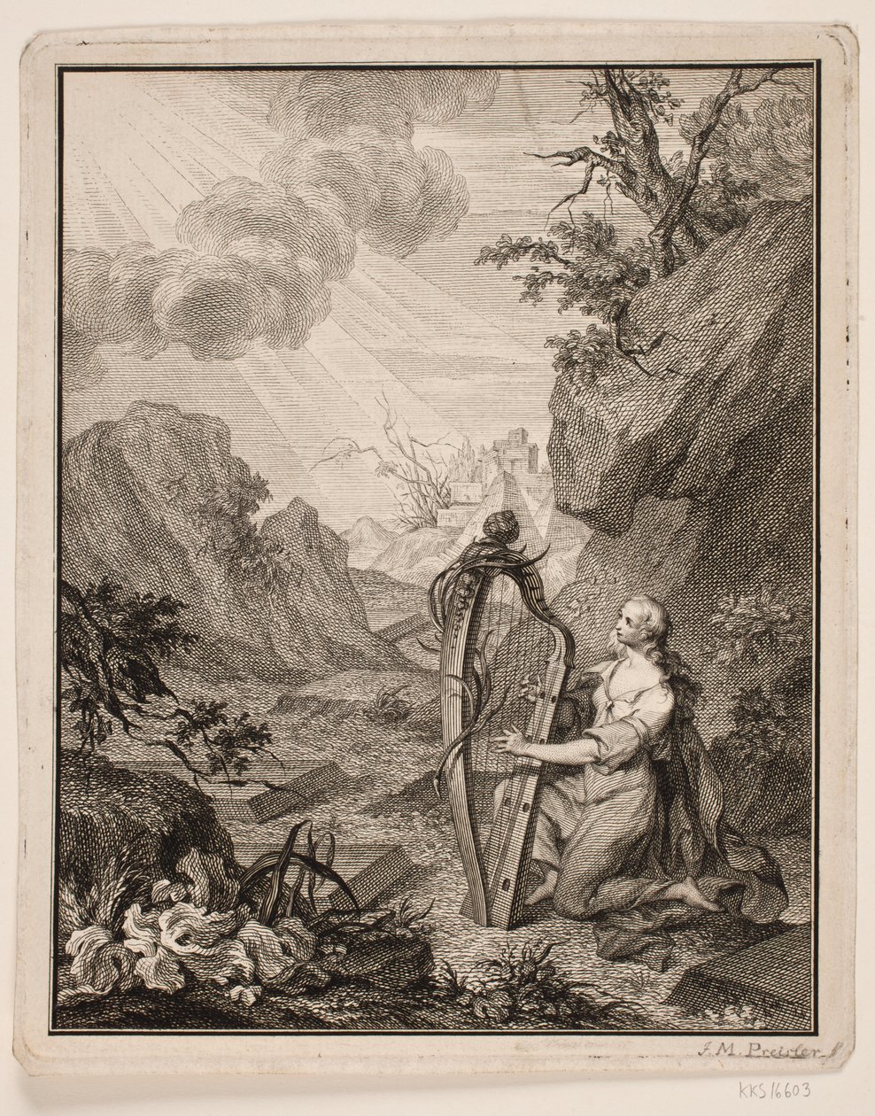 Woman Playing the Harp in a Mountain Landscape by Johan Martin Preisler