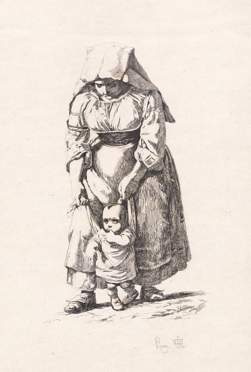 A Peasant Woman from Civitella Leading Her Small Child on a Leash by Johan Thomas Lundbye