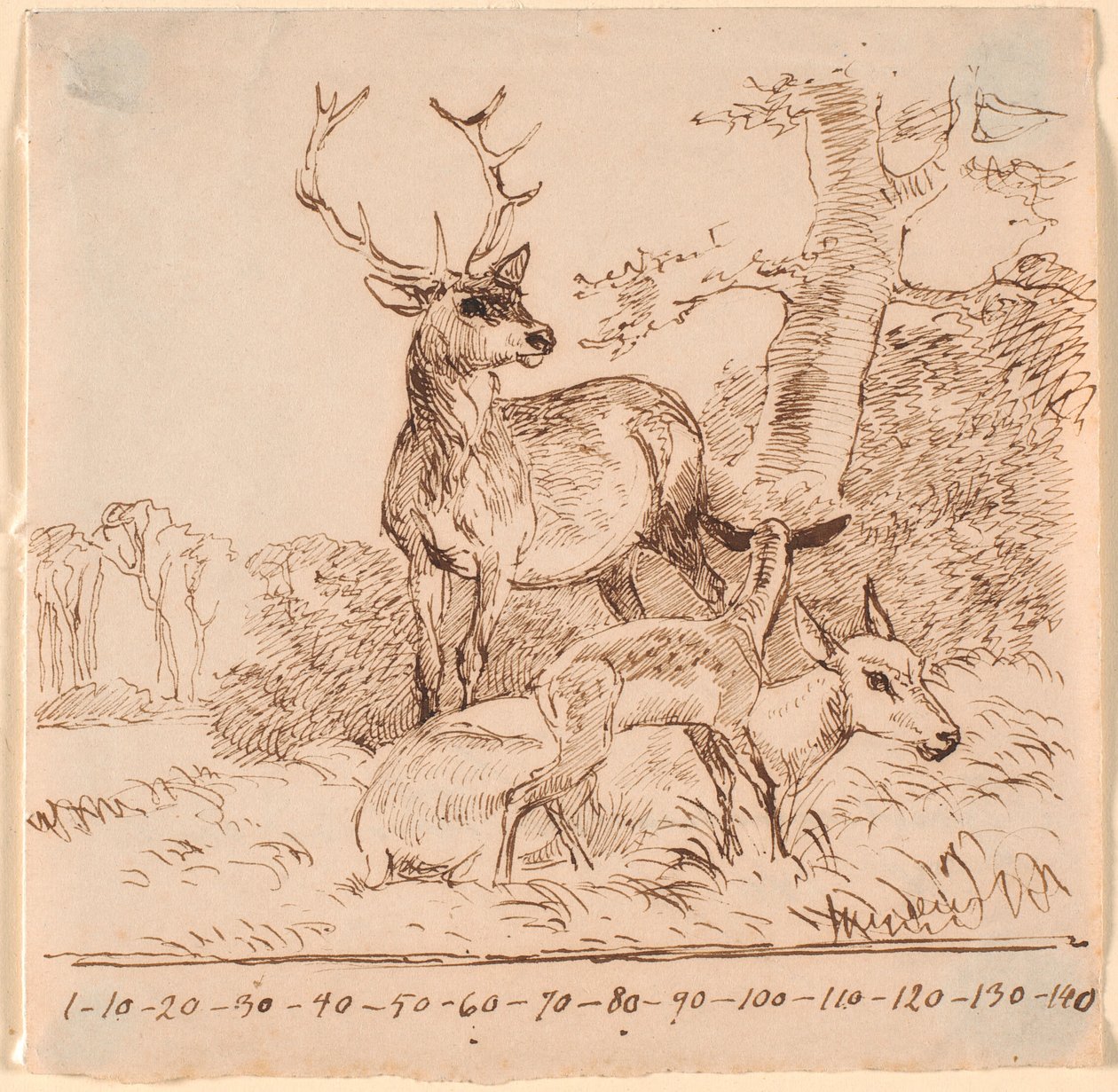 A stag, a hind, and their fawn by Johan Thomas Lundbye
