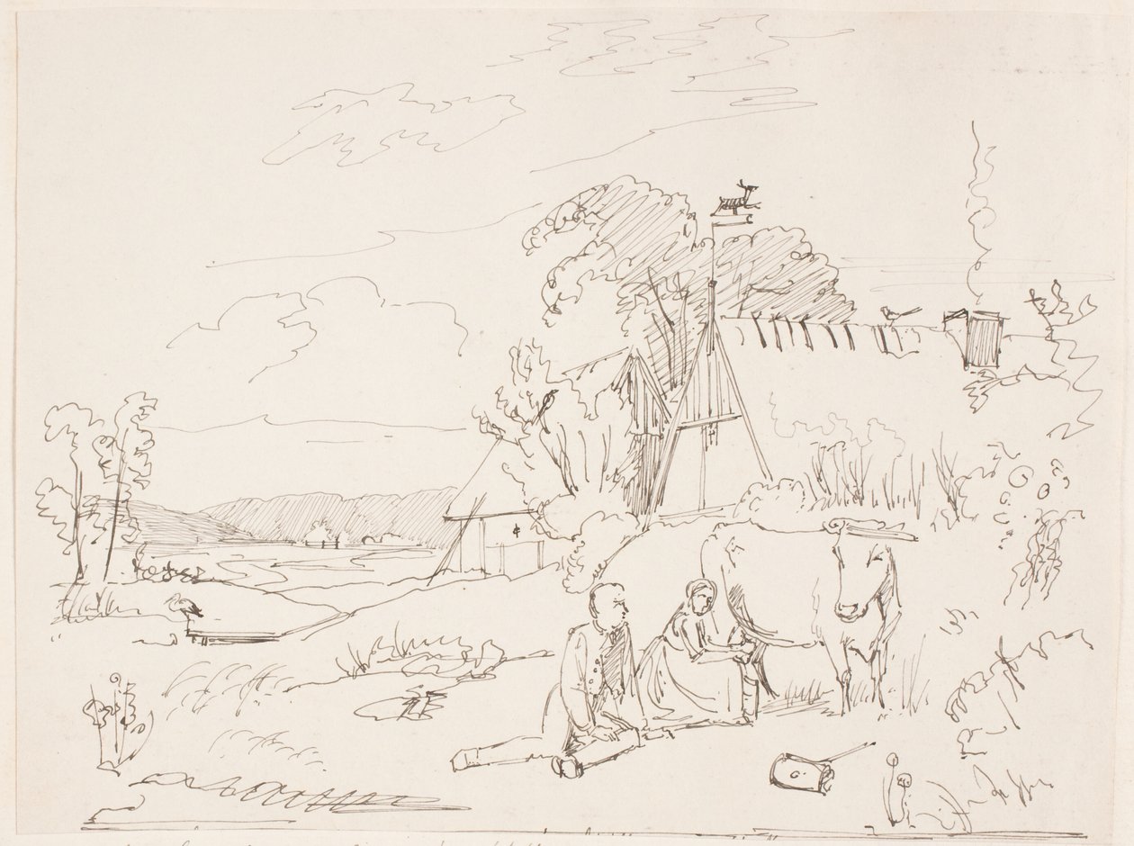 A Milking Scene, Pasted on Page 14 by Johan Thomas Lundbye
