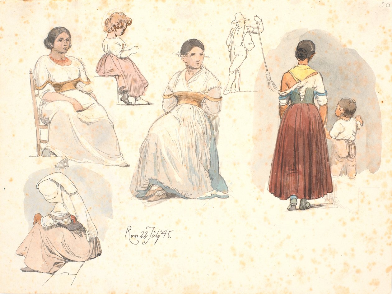 Four Studies of Italian Women, One with a Child by the Hand, and a Study of a Child, and a Study of a Street Sweeper by Johan Thomas Lundbye