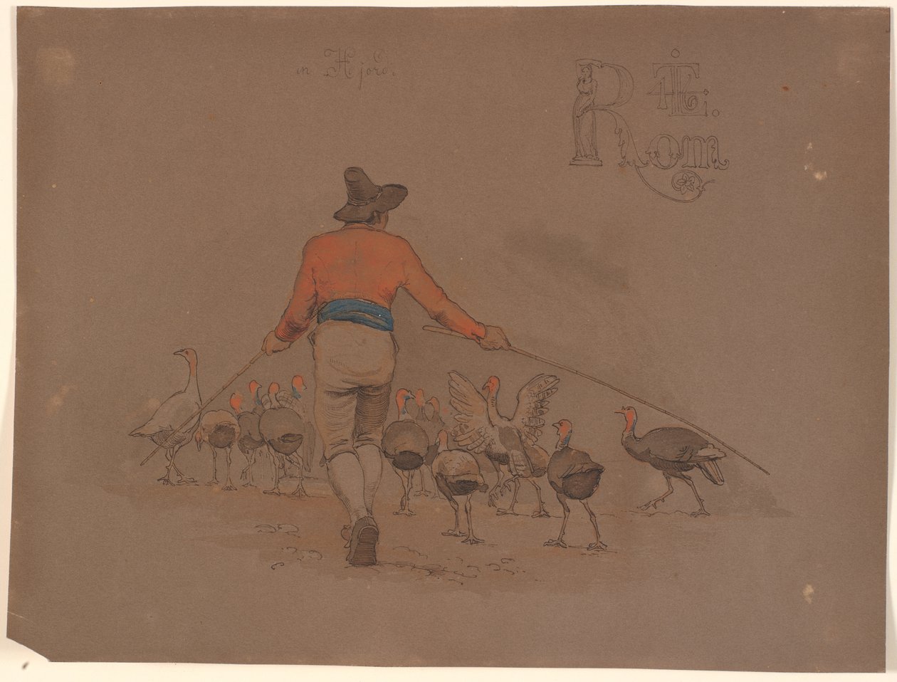 Italian driving a flock of turkeys with bamboo sticks by Johan Thomas Lundbye