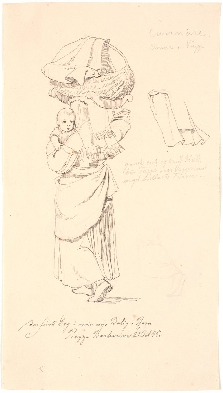 Italian Woman with Her Child on Her Arm and Its Cradle on Her Head. Right: Study of Her Headdress by Johan Thomas Lundbye