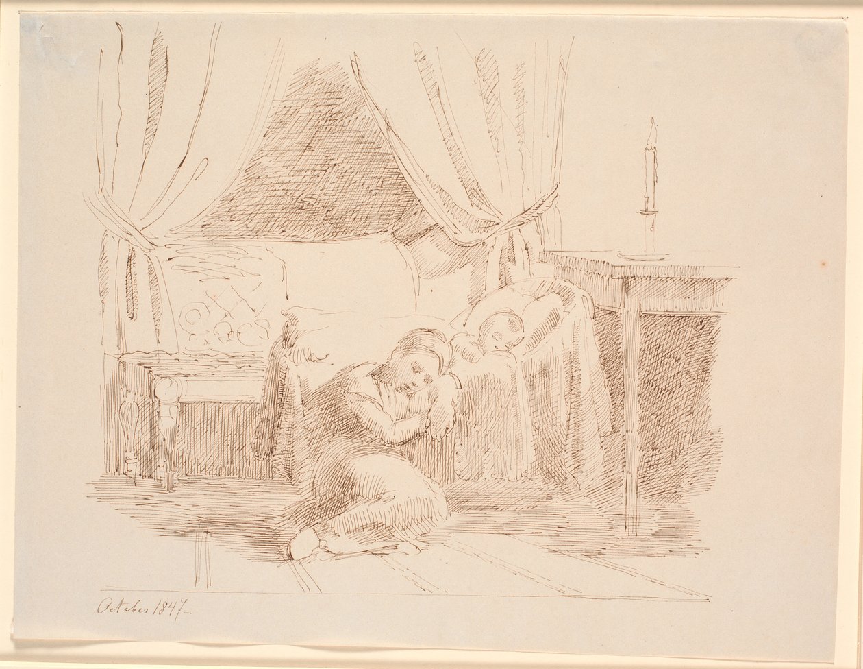 Bedroom Interior with a Little Girl Sleeping on the Floor, Leaning Against a Cradle with a Sleeping Child by Johan Thomas Lundbye