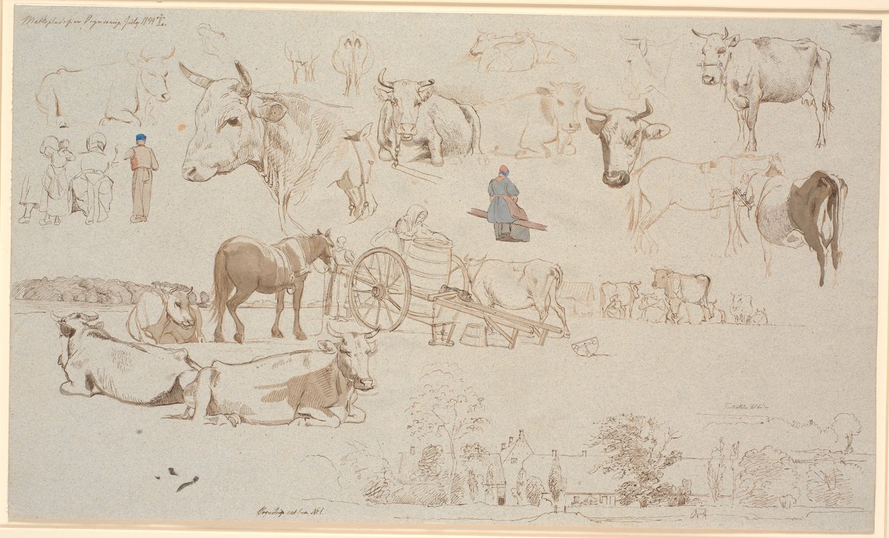 Study Sheet from the Milking Place in Vognserup. Above, Especially Studies of Cows, in the Middle, Among Others, the Milking Cart and Below, Vognserup Main Building and Wings by Johan Thomas Lundbye