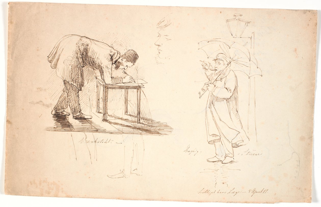 Study Sheet, left shows the artist himself, bent over, drawing on a stool or small table. Above this, two studies of an officer and a gentleman in a coat. In the middle, study head, self-portrait. Right, the artist stands with an umbrella on the street by  by Johan Thomas Lundbye