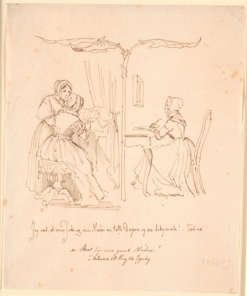 Divided Representation with Two Letter-Reading Ladies on the Left and a Letter-Writing Lady on the Right by Johan Thomas Lundbye