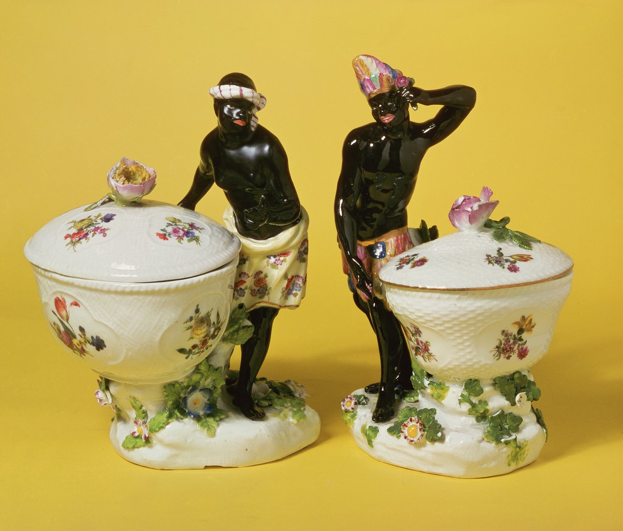 Two Meissen Blackamoors Standing by Sweetmeat Baskets and Covers, 1741 by Johann Friedrich Eberlein