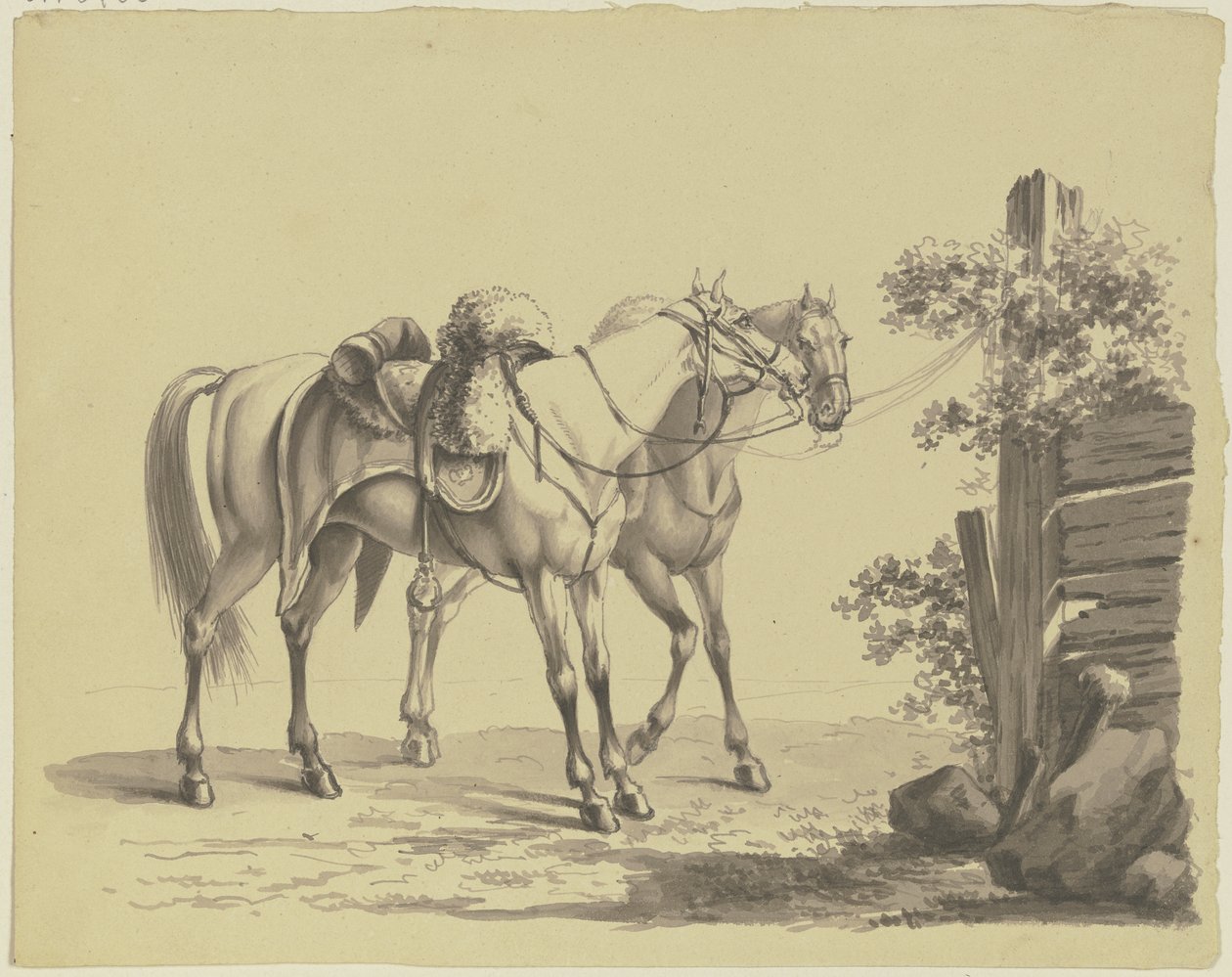Two Saddled Military Horses Tied to a Post by Johann Adam Klein