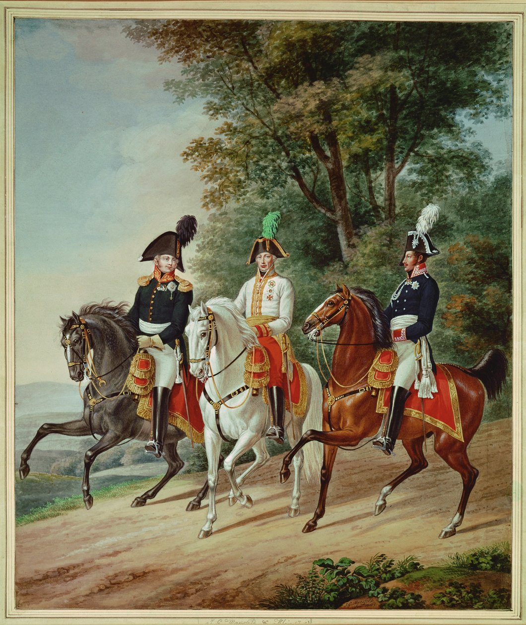 The three monarchs on horseback: Emperor Franz I, Tsar Alexander I, King Friedrich Wilhelm III by Johann Adam & Mansfeld Johann Georg (1764 1817) Klein