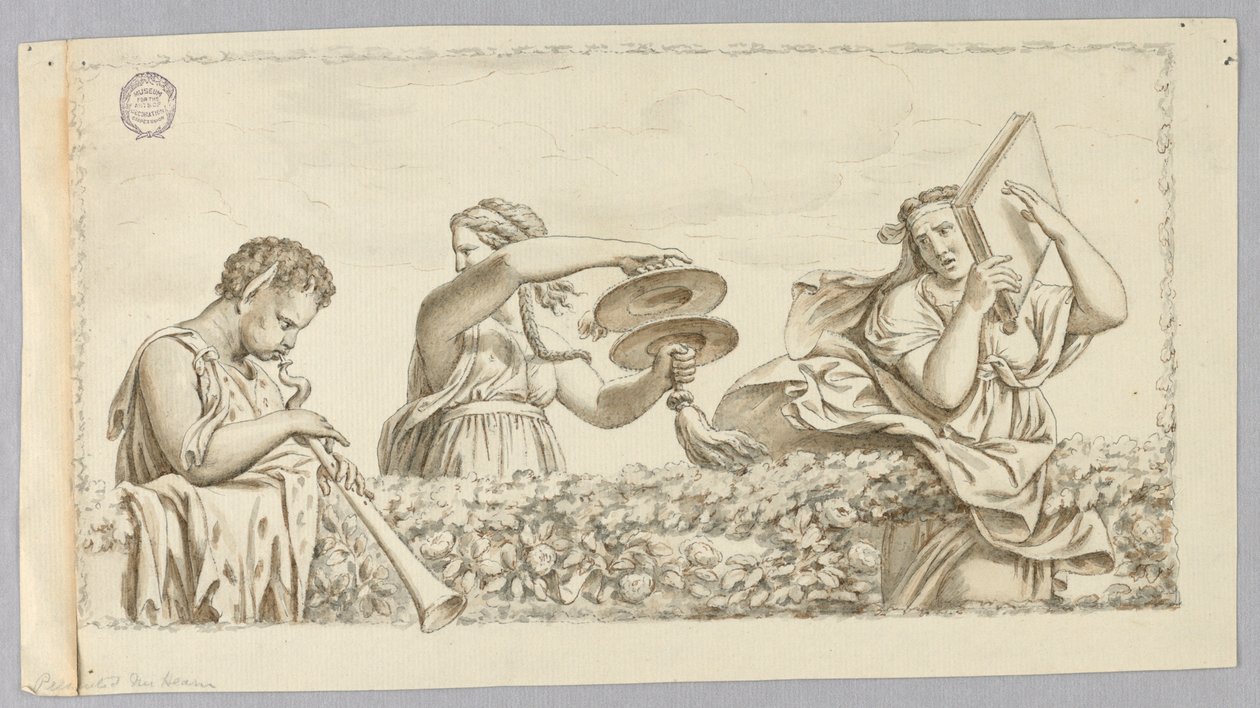 A Satyr Boy Playing Flute, A Girl with Cymbals, a Woman with a Book by Johann August Nahl the Younger