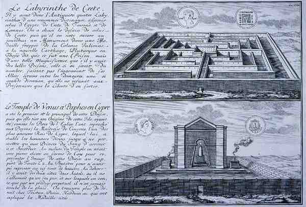 The Labyrinth in Crete and the Temple of Venus, Paphos, Cyprus, both taken from designs found on ancient Roman coins from 