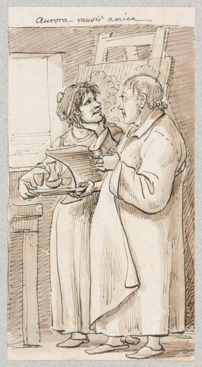 Older Man in Long Coat and Woman with Coffee Set in Hands Standing in Front of an Easel by Johann Christian Reinhart