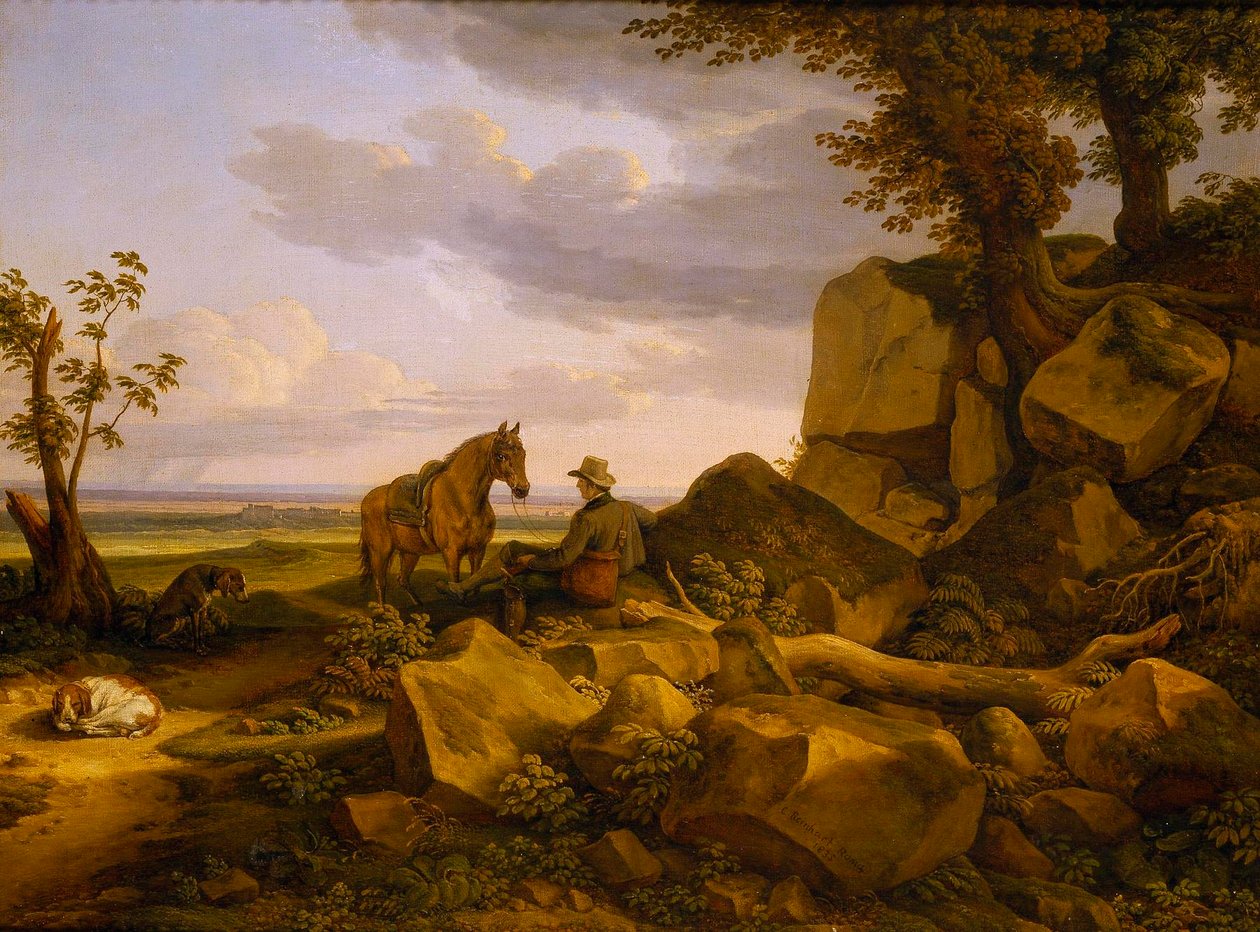 Italian Landscape with a Resting Hunter, Self-Portrait by Johann Christian Reinhart
